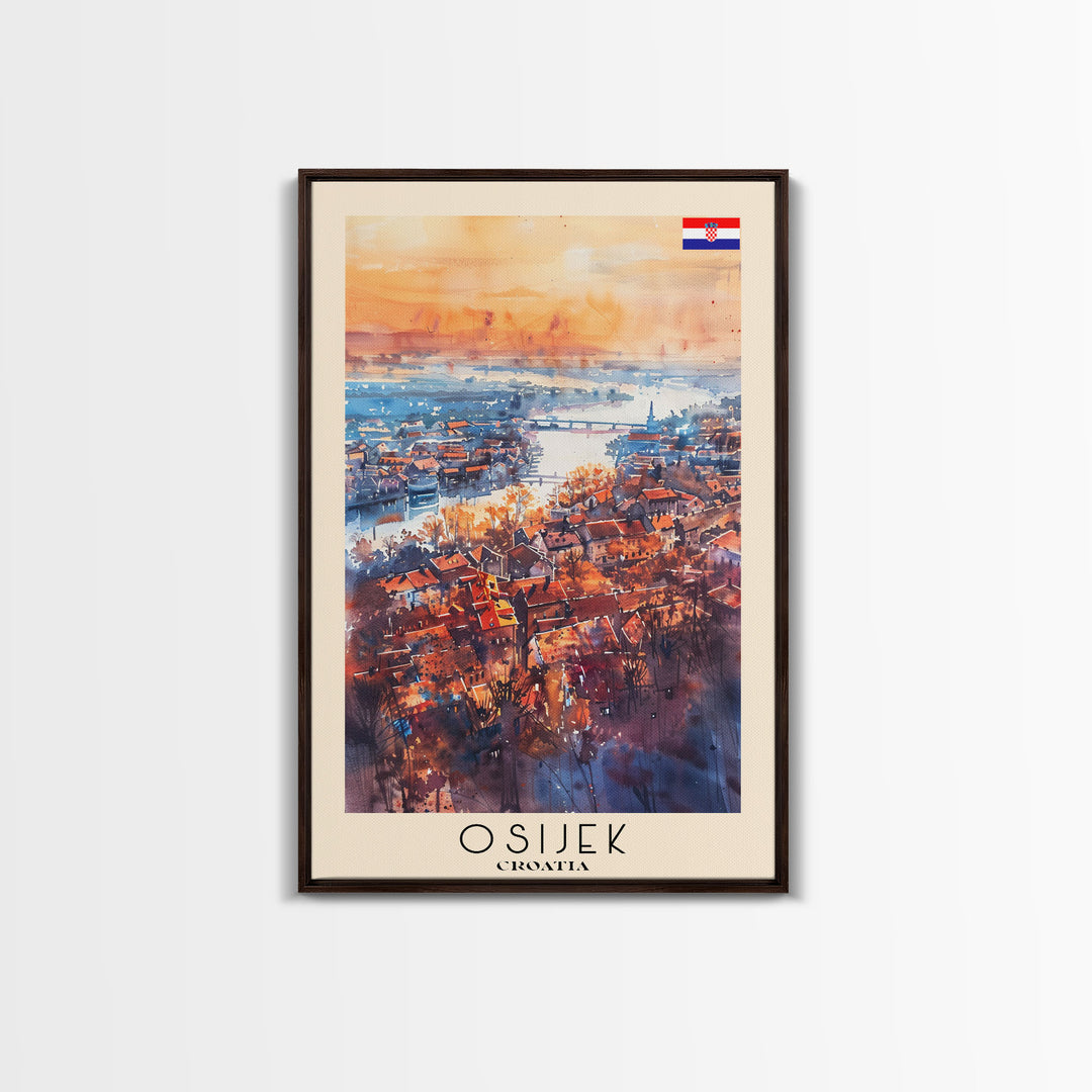 Osijek Croatia Travel Poster Framed Canvas Print, Watercolor Painting, Scenic Wall Art, Home Decor, Croatian Landscape, Rustic Art