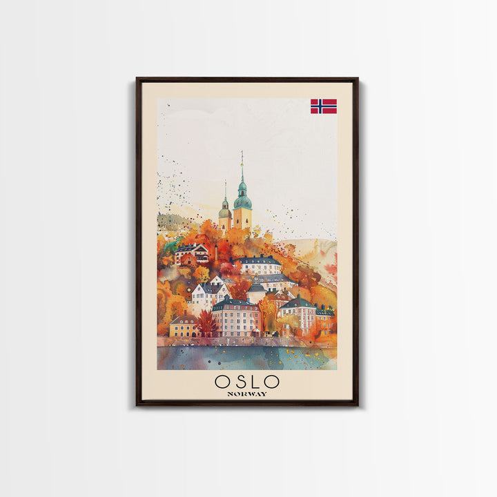 Oslo Norway Travel Poster Framed Canvas Print, Watercolor Painting, Scenic Wall Art, Home Decor, Norwegian Cityscape, Modern Decor