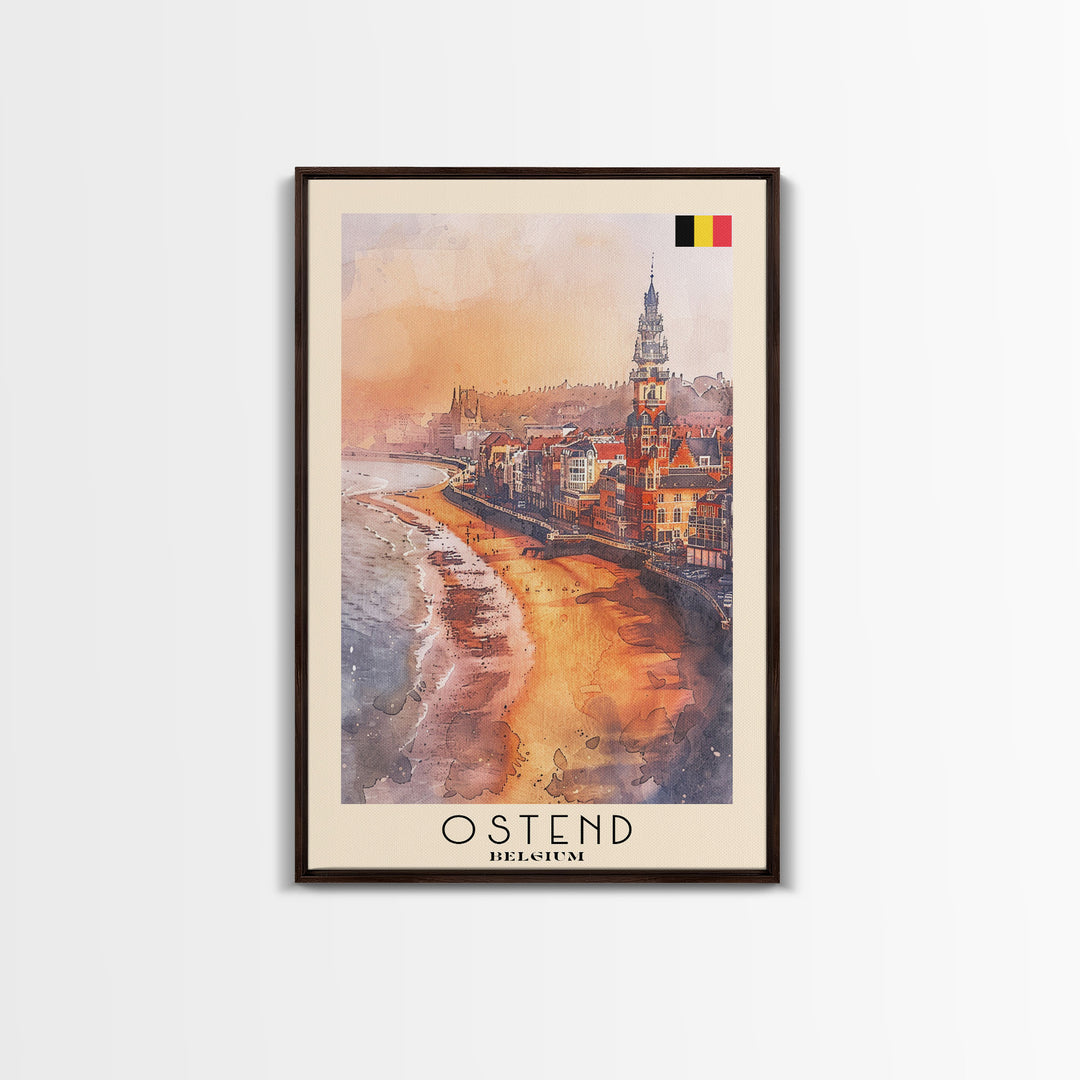 Ostend Belgium Travel Poster Framed Canvas Print, Watercolor Painting, Coastal Wall Art, Home Decor, Belgian Seaside, Vibrant Art
