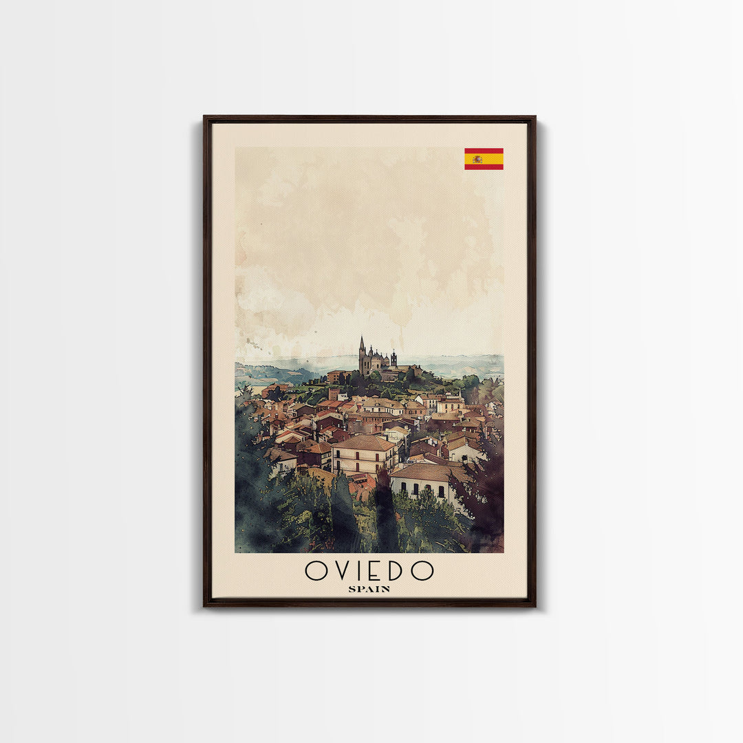 Oviedo Spain Travel Poster Framed Canvas Print, Watercolor Painting, Scenic Wall Art, Home Decor, Spanish Cityscape, Classic Art