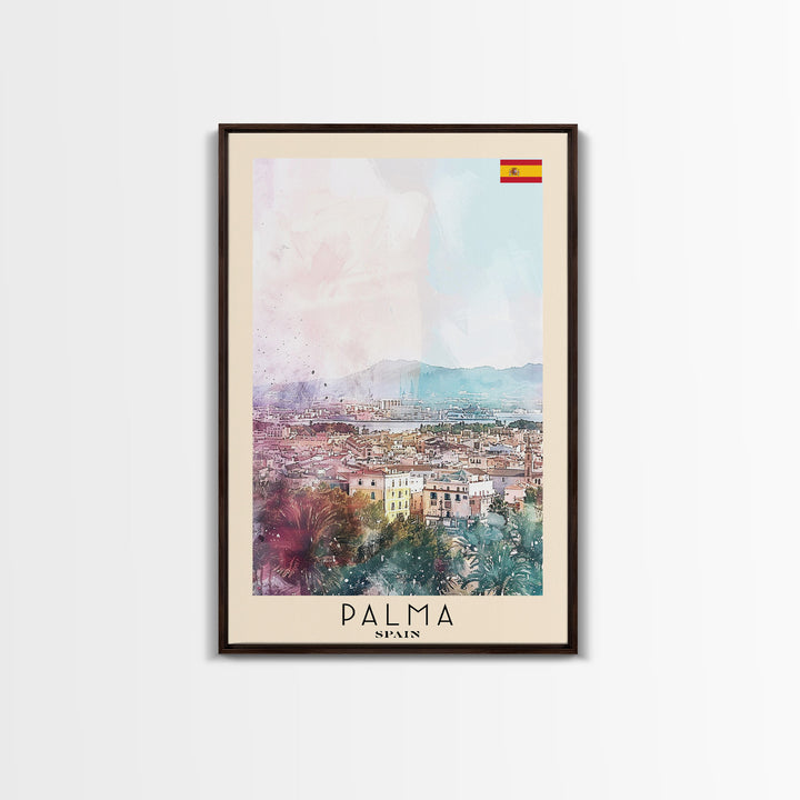 Palma Spain Travel Poster Framed Canvas Print, Watercolor Painting, Scenic Wall Art, Home Decor, Spanish Landscape, Minimalist Art