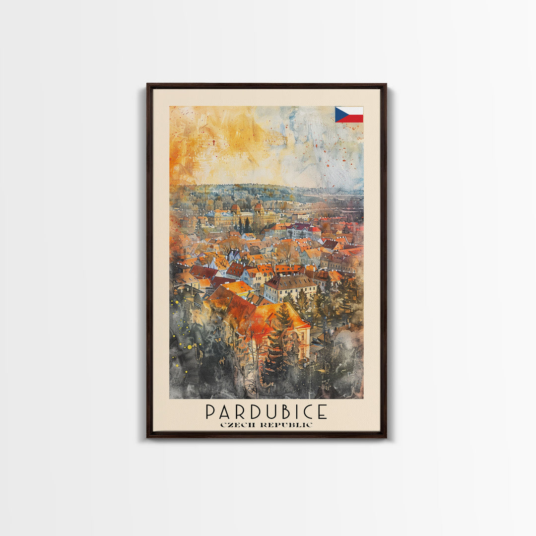Pardubice Czech Travel Poster Framed Canvas Print, Watercolor Painting, Urban Wall Art, Home Decor, Czech Architecture, Vintage Style