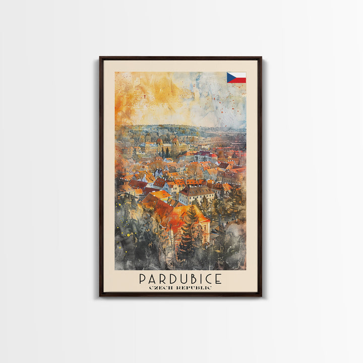 Pardubice Czech Travel Poster Framed Canvas Print, Watercolor Painting, Urban Wall Art, Home Decor, Czech Architecture, Vintage Style