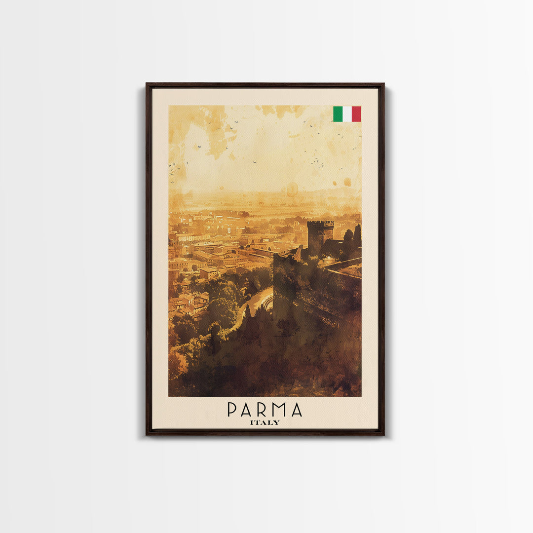 Parma Italy Travel Poster Framed Canvas Print, Watercolor Painting, Scenic Wall Art, Home Decor, Italian Architecture, Modern Art