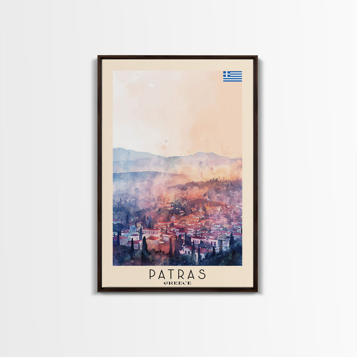 Patras Greece Travel Poster Framed Canvas Print, Watercolor Painting, Scenic Wall Art, Home Decor, Greek Seaside, Vibrant Art