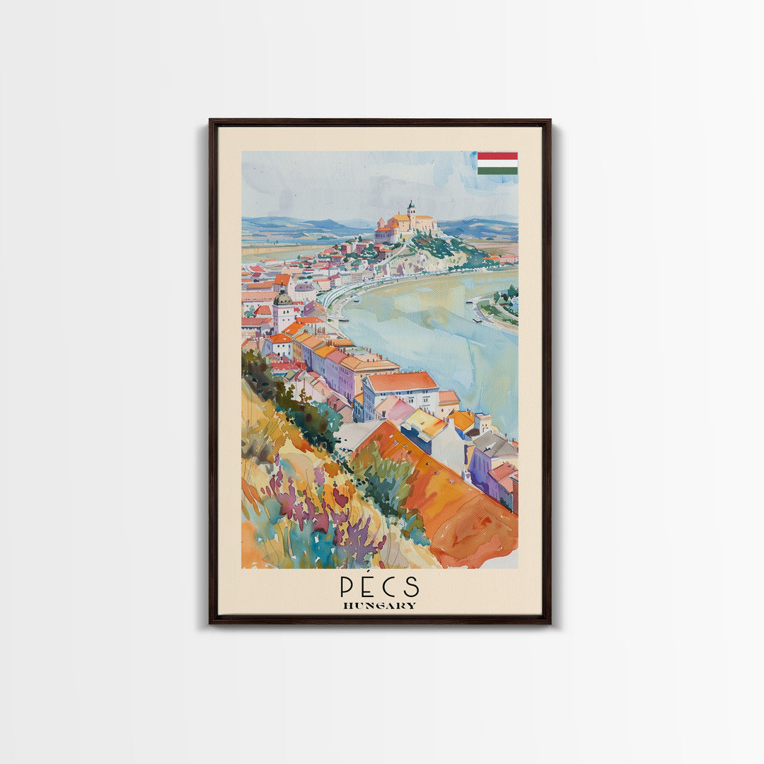 Pecs Hungary Travel Poster Framed Canvas Print, Watercolor Painting, Scenic Wall Art, Home Decor, Hungarian Cityscape, Minimalist Art