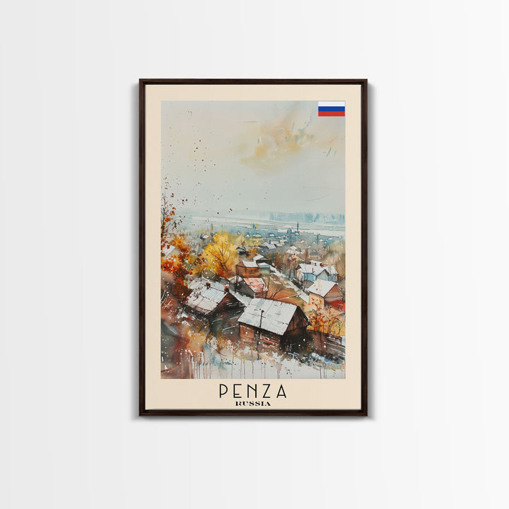 Penza Russia Travel Poster Framed Canvas Print, Watercolor Painting, Urban Wall Art, Home Decor, Russian Cityscape, Contemporary Art