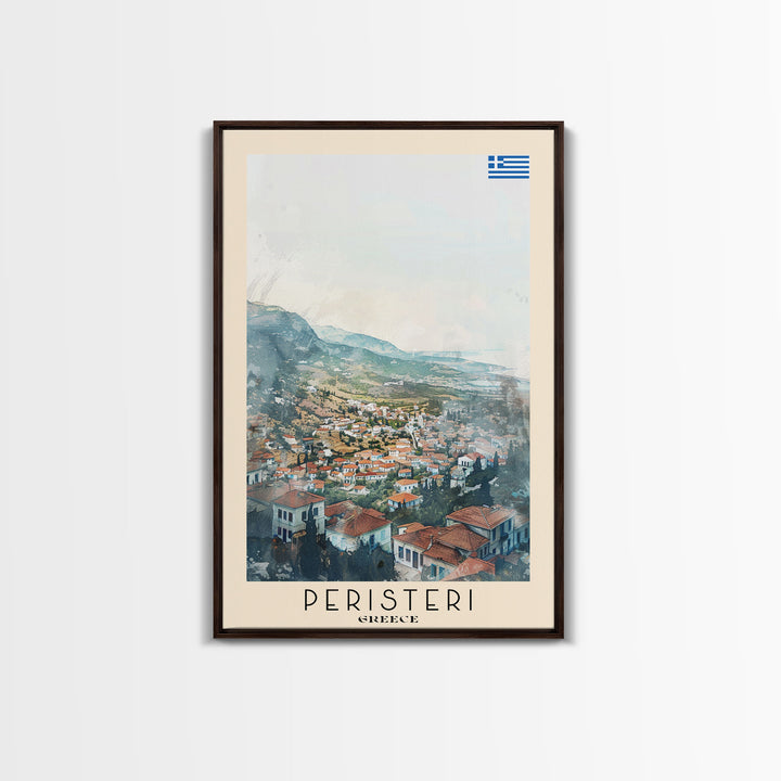Peristeri Greece Travel Poster Framed Canvas Print, Watercolor Painting, Scenic Wall Art, Home Decor, Greek Landscape, Classic Art