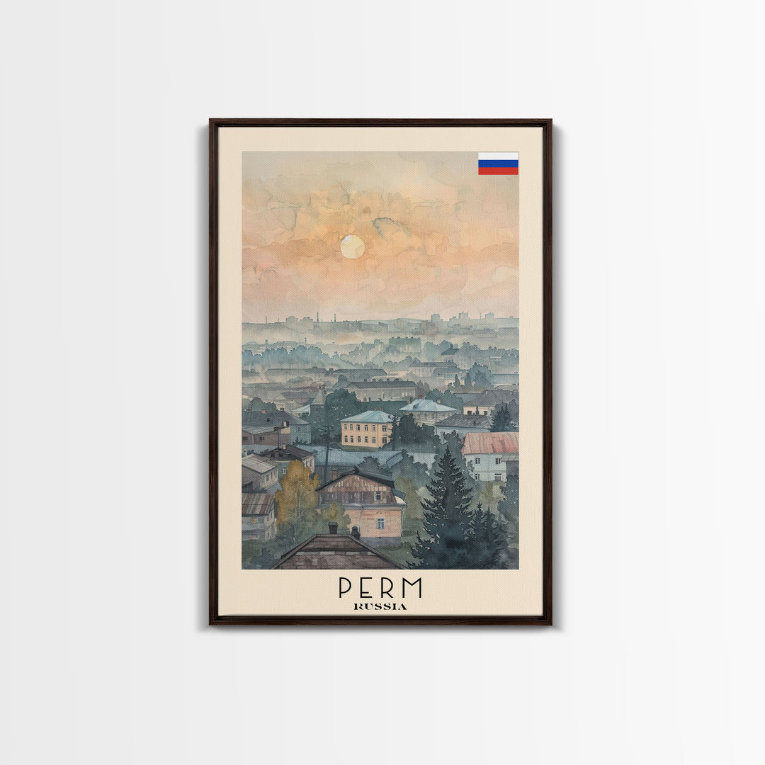 Perm Russia Travel Poster Framed Canvas Print, Watercolor Painting, Scenic Wall Art, Home Decor, Russian Landscape, Urban Art