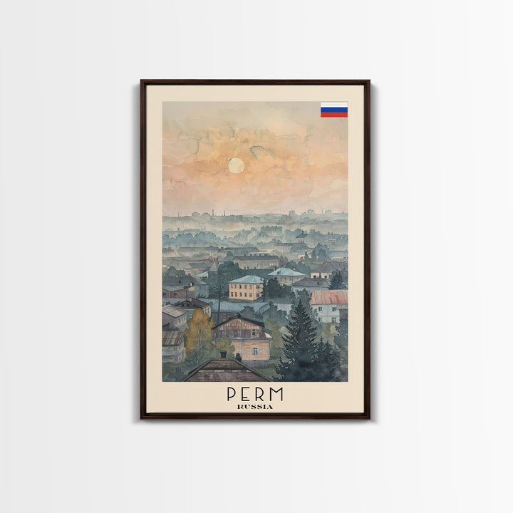 Perm Russia Travel Poster Framed Canvas Print, Watercolor Painting, Scenic Wall Art, Home Decor, Russian Landscape, Urban Art