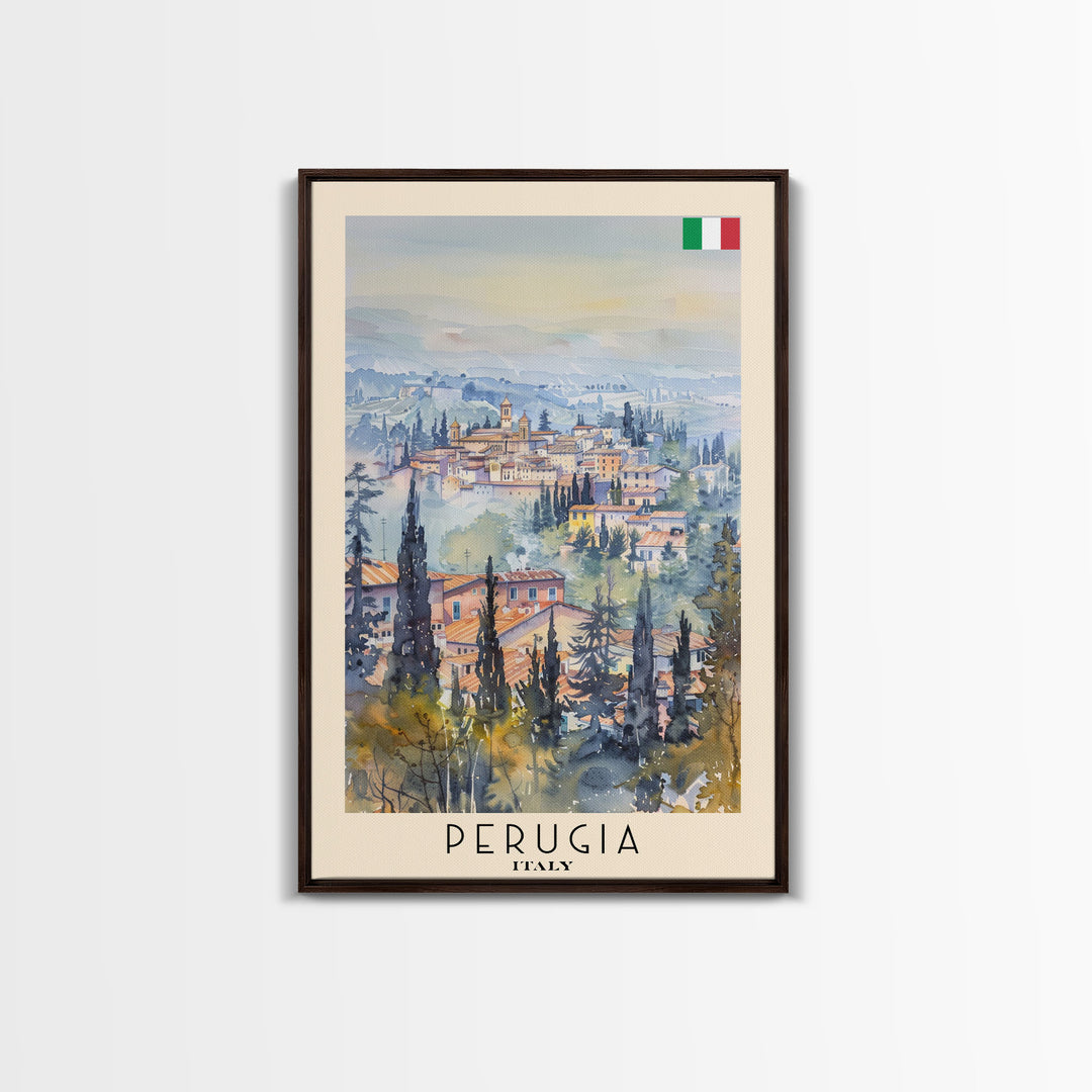 Perugia Italy Travel Poster Framed Canvas Print, Watercolor Painting, Scenic Wall Art, Home Decor, Italian Cityscape, Classic Art