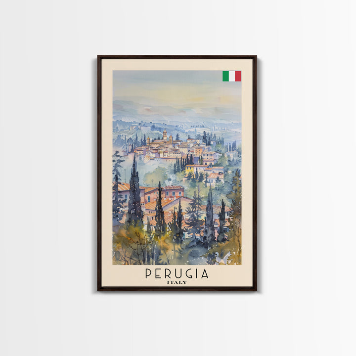 Perugia Italy Travel Poster Framed Canvas Print, Watercolor Painting, Scenic Wall Art, Home Decor, Italian Cityscape, Classic Art