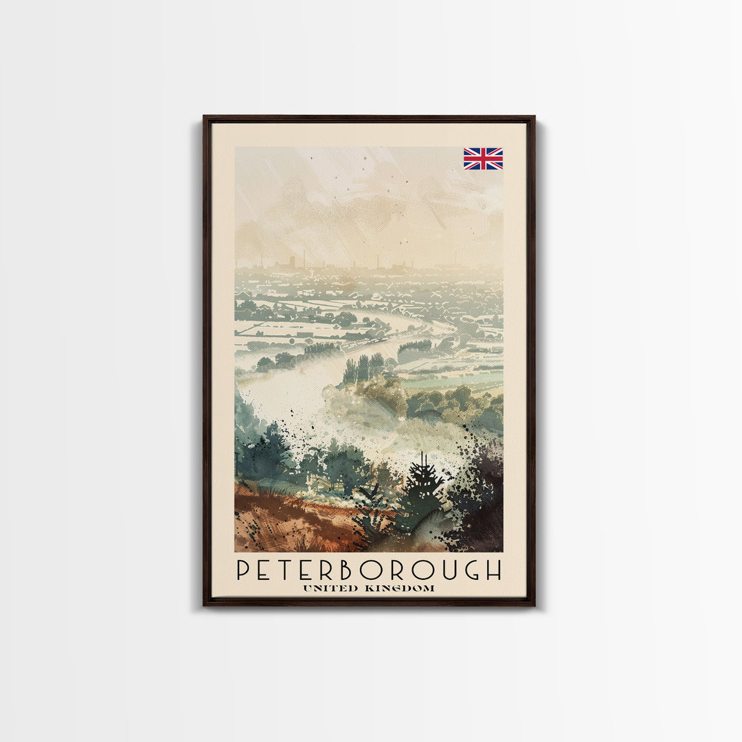 Peterborough United Kingdom Travel Poster Framed Canvas Print, Watercolor Painting, Historic Wall Art, Home Decor, British Architecture, Artistic Decor