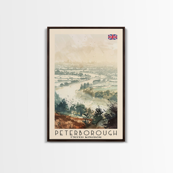 Peterborough United Kingdom Travel Poster Framed Canvas Print, Watercolor Painting, Historic Wall Art, Home Decor, British Architecture, Artistic Decor