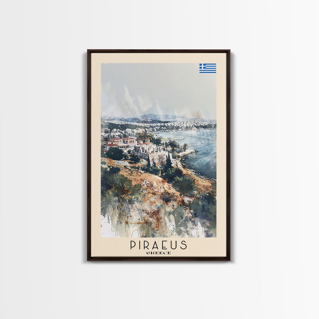 Piraeus Greece Travel Poster Framed Canvas Print, Watercolor Painting, Coastal Wall Art, Home Decor, Greek Seaside, Vibrant Art