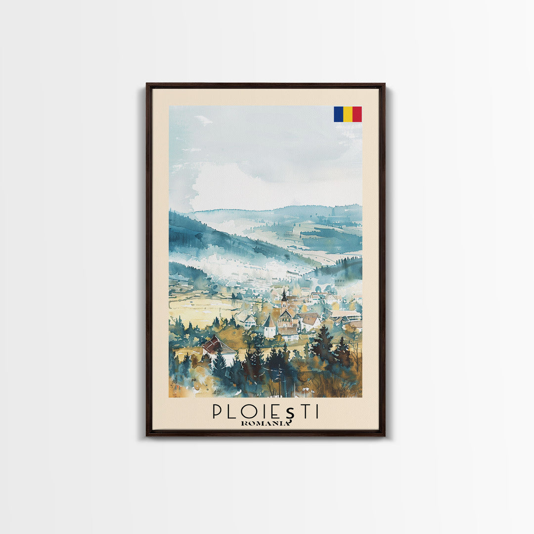 Ploiesti Romania Travel Poster Framed Canvas Print, Watercolor Painting, Scenic Wall Art, Home Decor, Romanian Landscape, Artistic Decor