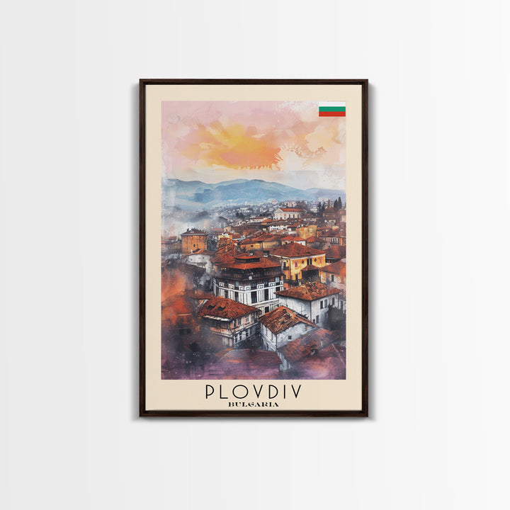 Plovdiv Bulgaria Travel Poster Framed Canvas Print, Watercolor Painting, Historic Wall Art, Home Decor, Bulgarian Cityscape, Classic Art
