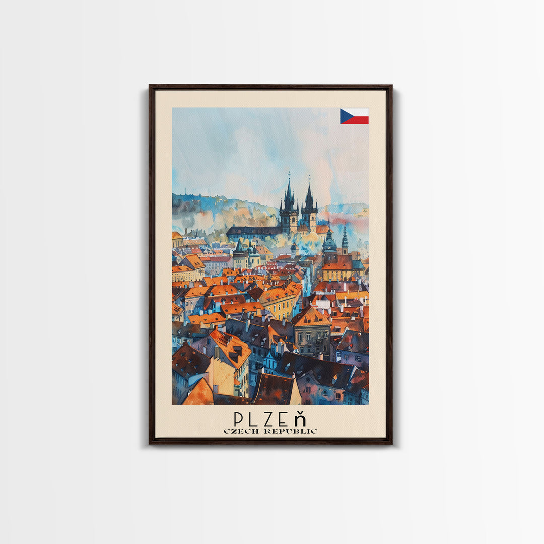 Plzen Czech Republic Travel Poster Framed Canvas Print, Watercolor Painting, Scenic Wall Art, Home Decor, Czech Cityscape, Modern Decor