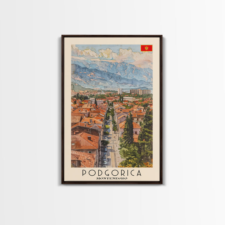Podgorica Montenegro Travel Poster Framed Canvas Print, Watercolor Painting, Scenic Wall Art, Home Decor, Montenegrin Landscape, Artistic Decor