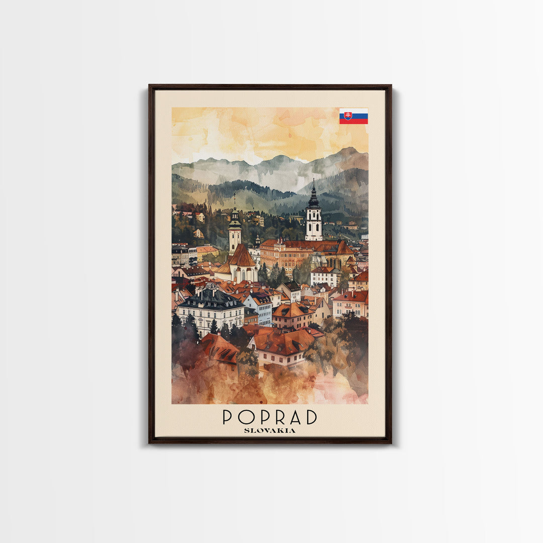 Poprad Slovakia Travel Poster Framed Canvas Print, Watercolor Painting, Scenic Wall Art, Home Decor, Slovakian Landscape, Classic Art