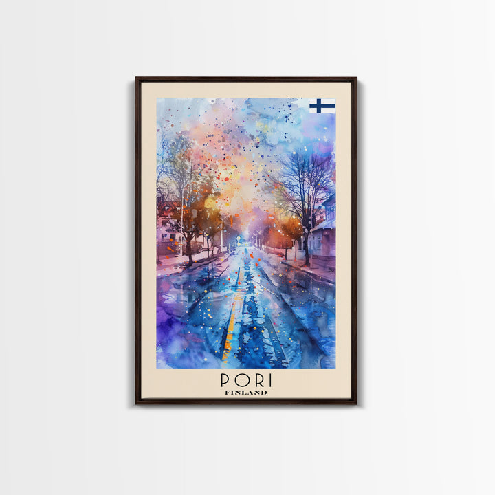Pori Finland Travel Poster Framed Canvas Print, Watercolor Painting, Scenic Wall Art, Home Decor, Finnish Seaside, Minimalist Art