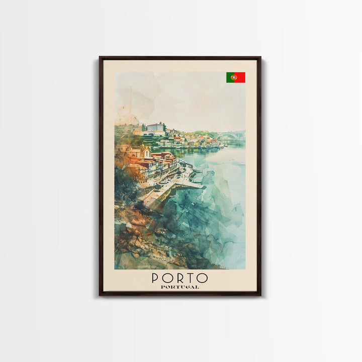Porto Portugal Travel Poster Framed Canvas Print, Watercolor Painting, Coastal Wall Art, Home Decor, Portuguese Seaside, Vibrant Art