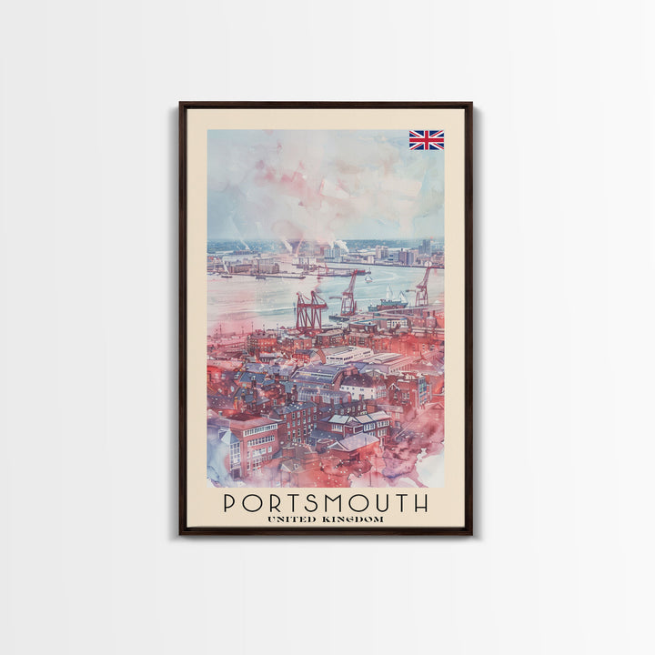 Portsmouth United Kingdom Travel Poster Framed Canvas Print, Watercolor Painting, Coastal Wall Art, Home Decor, British Seaside, Modern Art