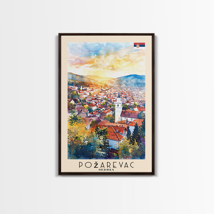Pozega Serbia Travel Poster Framed Canvas Print, Watercolor Painting, Scenic Wall Art, Home Decor, Serbian Landscape, Classic Art