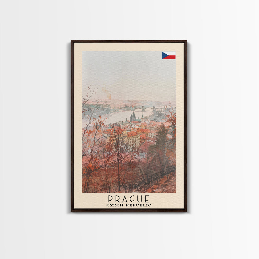 Prague Czech Republic Travel Poster Framed Canvas Print, Watercolor Painting, Historic Wall Art, Home Decor, Czech Architecture, Classic Decor