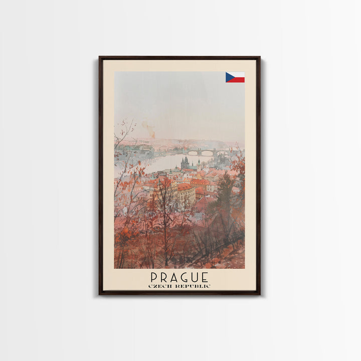 Prague Czech Republic Travel Poster Framed Canvas Print, Watercolor Painting, Historic Wall Art, Home Decor, Czech Architecture, Classic Decor