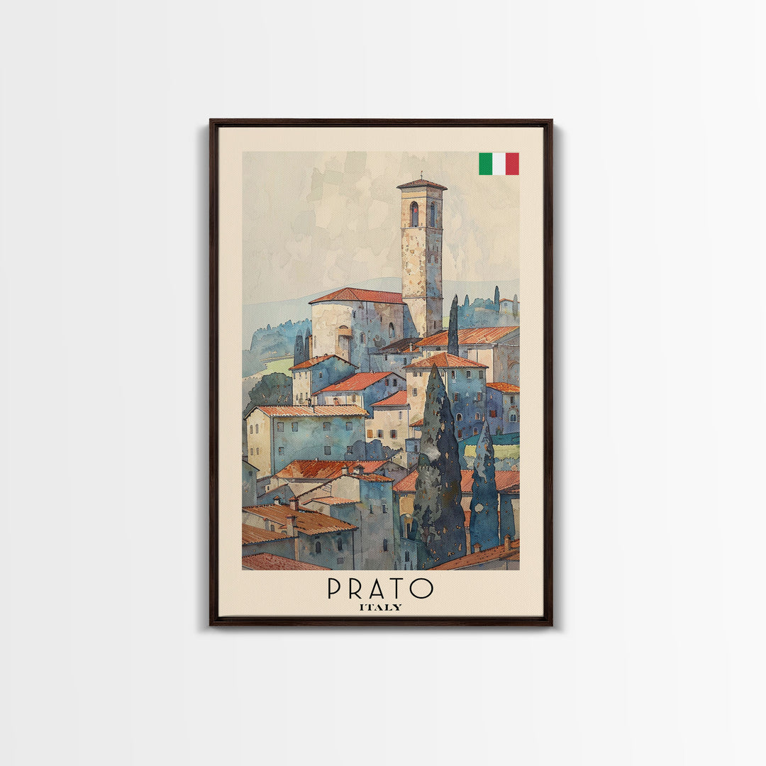 Prato Italy Travel Poster Framed Canvas Print, Watercolor Painting, Scenic Wall Art, Home Decor, Italian Landscape, Vibrant Art
