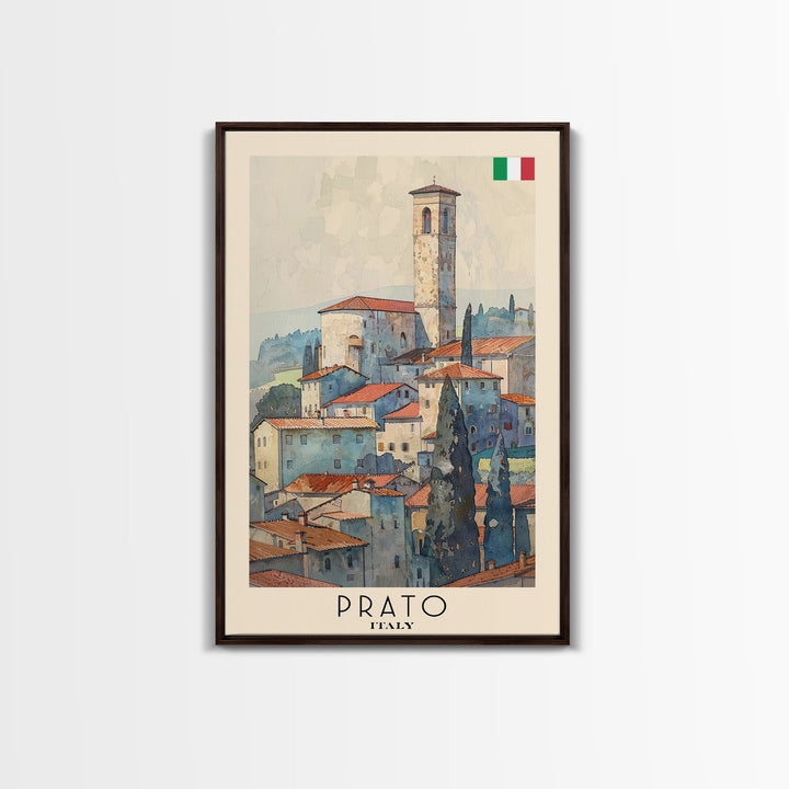 Prato Italy Travel Poster Framed Canvas Print, Watercolor Painting, Scenic Wall Art, Home Decor, Italian Landscape, Vibrant Art