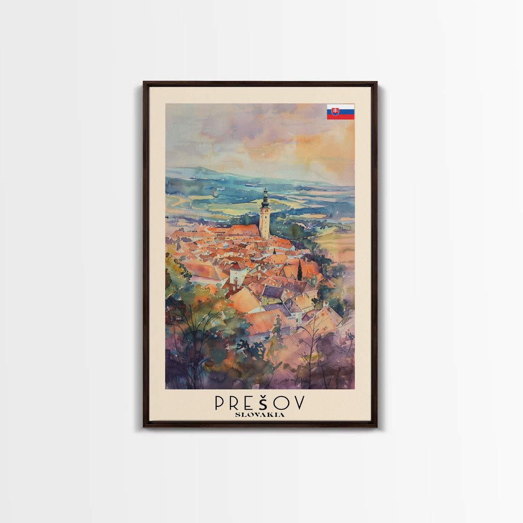 Presov Slovakia Travel Poster Framed Canvas Print, Watercolor Painting, Scenic Wall Art, Home Decor, Slovakian Cityscape, Artistic Decor