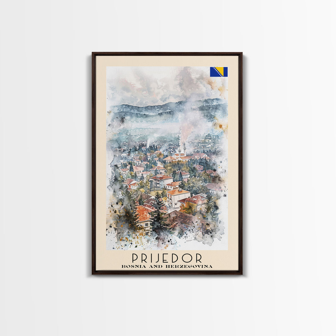 Prijedor Bosnia and Herzegovina Travel Poster Framed Canvas Print, Watercolor Painting, Scenic Wall Art, Home Decor, Bosnian Cityscape, Classic Art