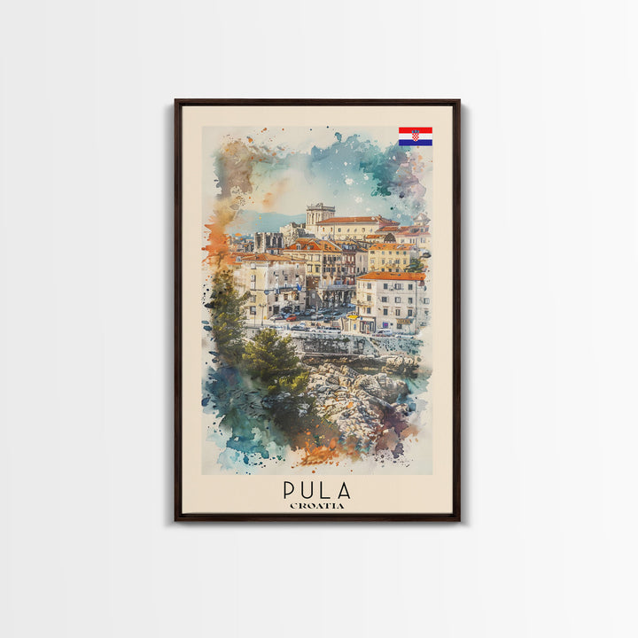 Pula Croatia Travel Poster Framed Canvas Print, Watercolor Painting, Coastal Wall Art, Home Decor, Croatian Seaside, Vibrant Decor