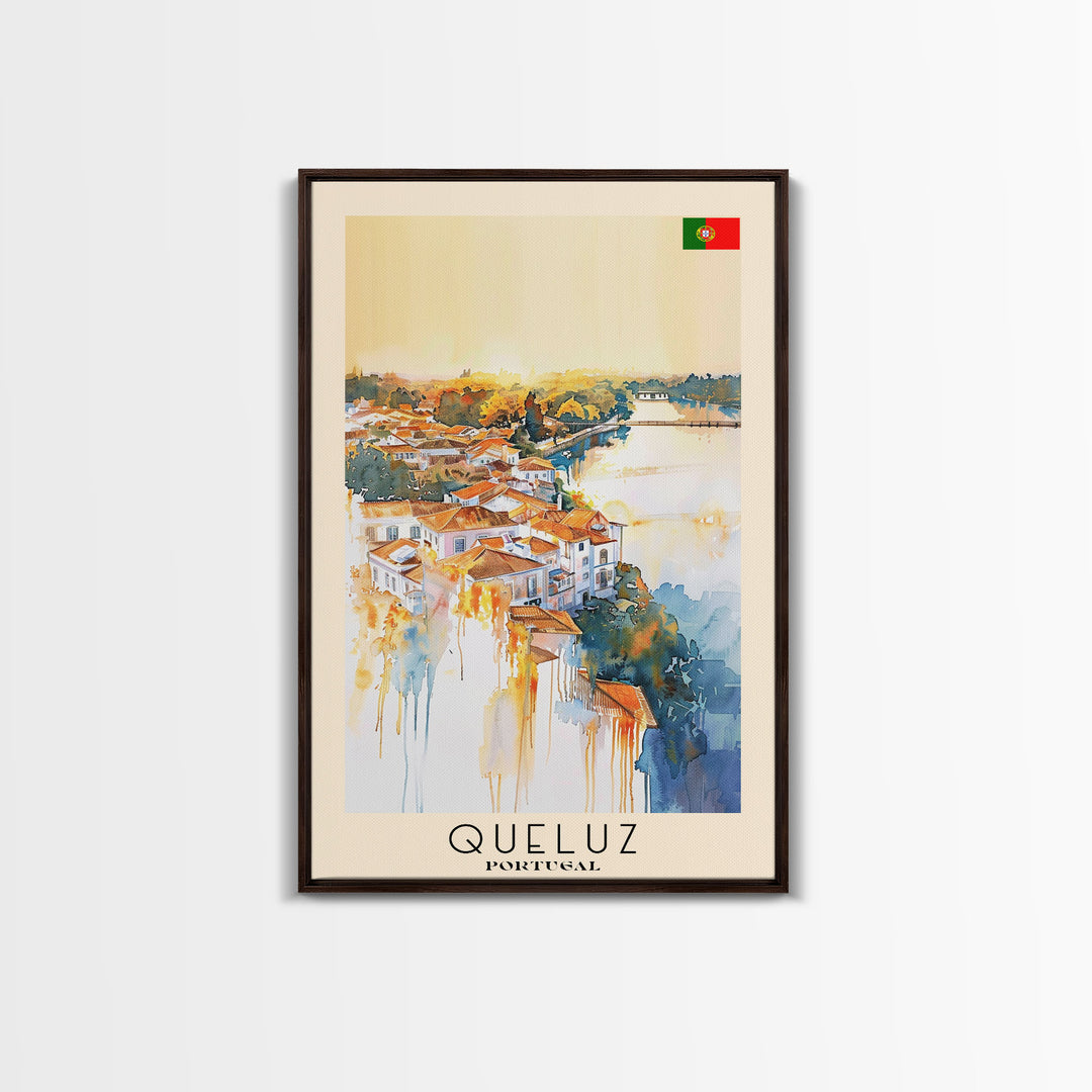 Queluz Portugal Travel Poster Framed Canvas Print, Watercolor Painting, Scenic Wall Art, Home Decor, Portuguese Landscape, Artistic Art