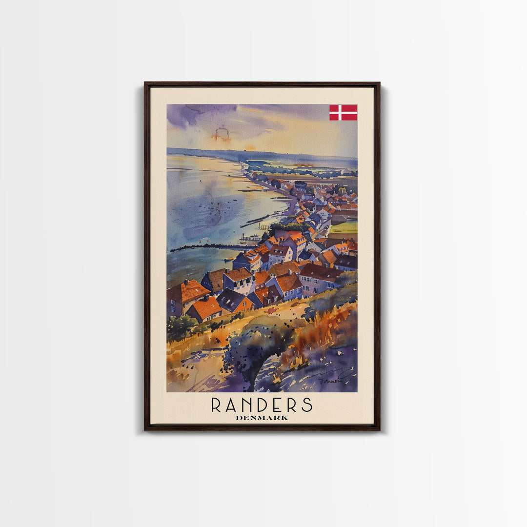 Randers Denmark Travel Poster Framed Canvas Print, Watercolor Painting, Scenic Wall Art, Home Decor, Danish Landscape, Classic Art