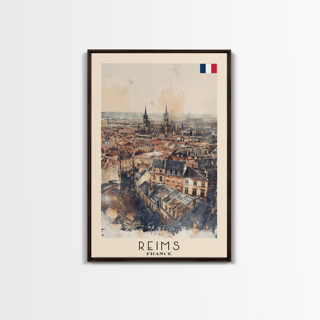 Reims France Travel Poster Framed Canvas Print, Watercolor Painting, Historic Wall Art, Home Decor, French Architecture, Classic Art