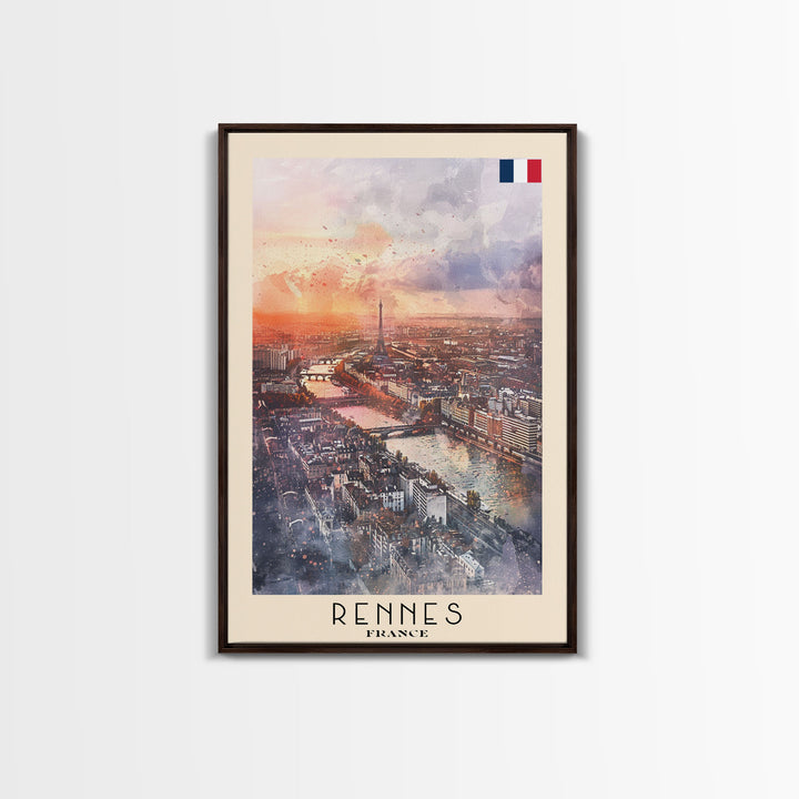 Rennes France Travel Poster Framed Canvas Print, Watercolor Painting, Scenic Wall Art, Home Decor, French Cityscape, Modern Decor