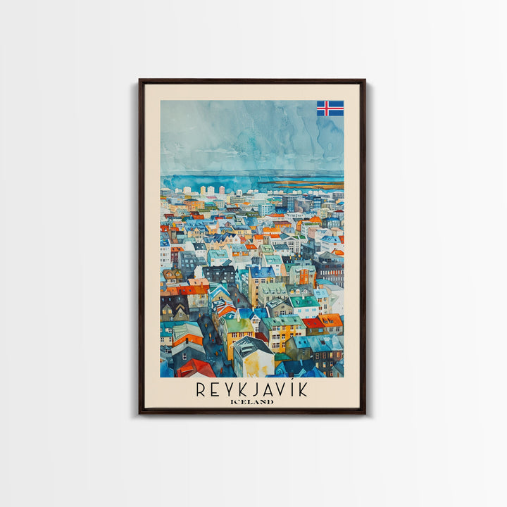 Reykjavik Iceland Travel Poster Framed Canvas Print, Watercolor Painting, Scenic Wall Art, Home Decor, Icelandic Landscape, Artistic Decor