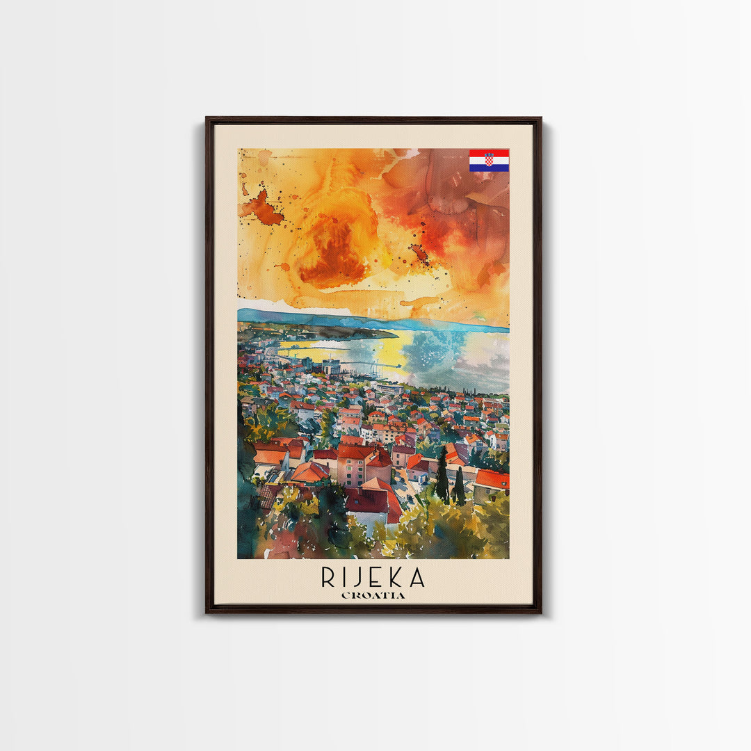 Rijeka Croatia Travel Poster Framed Canvas Print, Watercolor Painting, Coastal Wall Art, Home Decor, Croatian Seaside, Modern Art