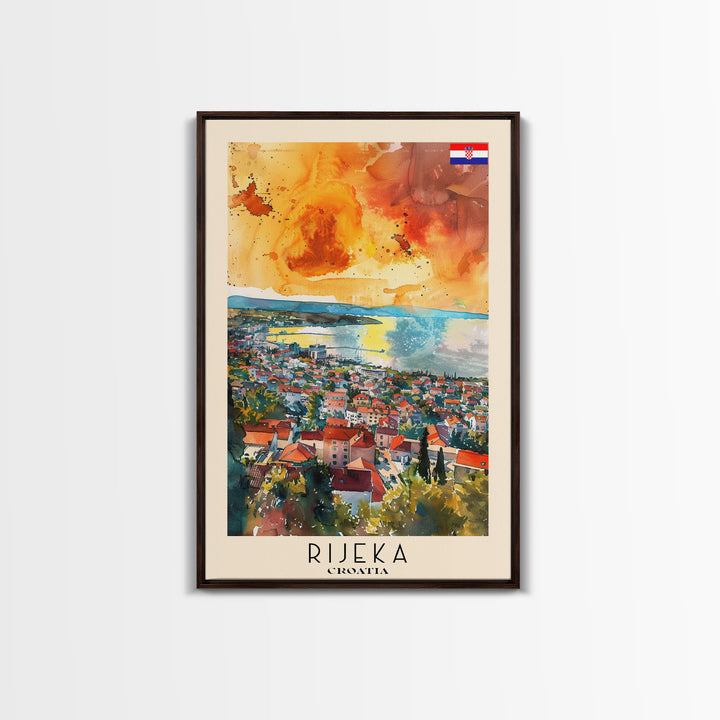 Rijeka Croatia Travel Poster Framed Canvas Print, Watercolor Painting, Coastal Wall Art, Home Decor, Croatian Seaside, Modern Art