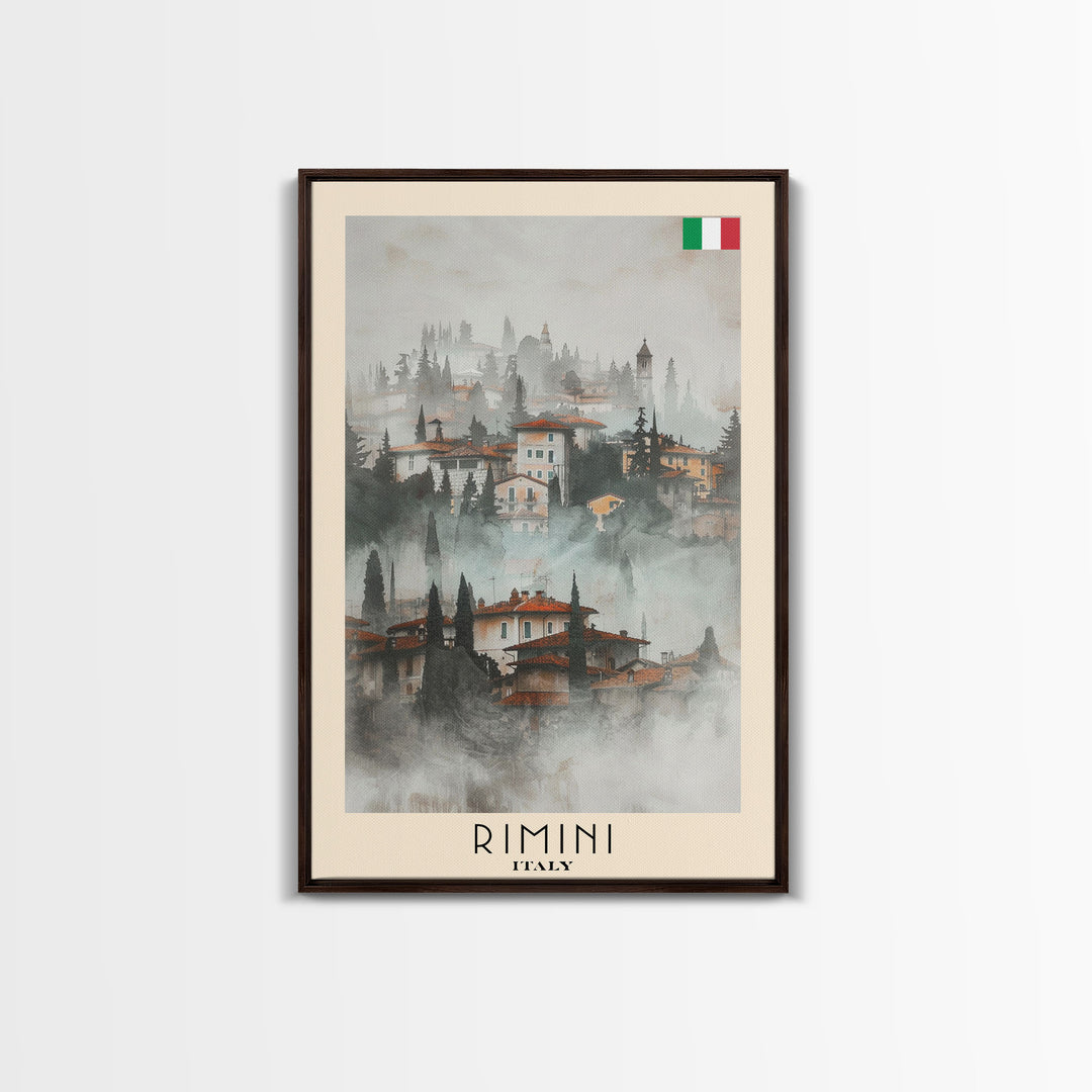 Rimini Italy Travel Poster Framed Canvas Print, Watercolor Painting, Coastal Wall Art, Home Decor, Italian Beach Scene, Vibrant Art