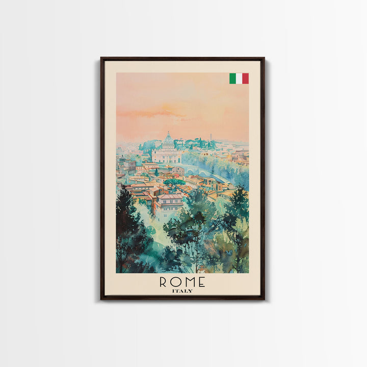 Rome Italy Travel Poster Framed Canvas Print, Watercolor Painting, Historic Wall Art, Home Decor, Italian Cityscape, Classic Art