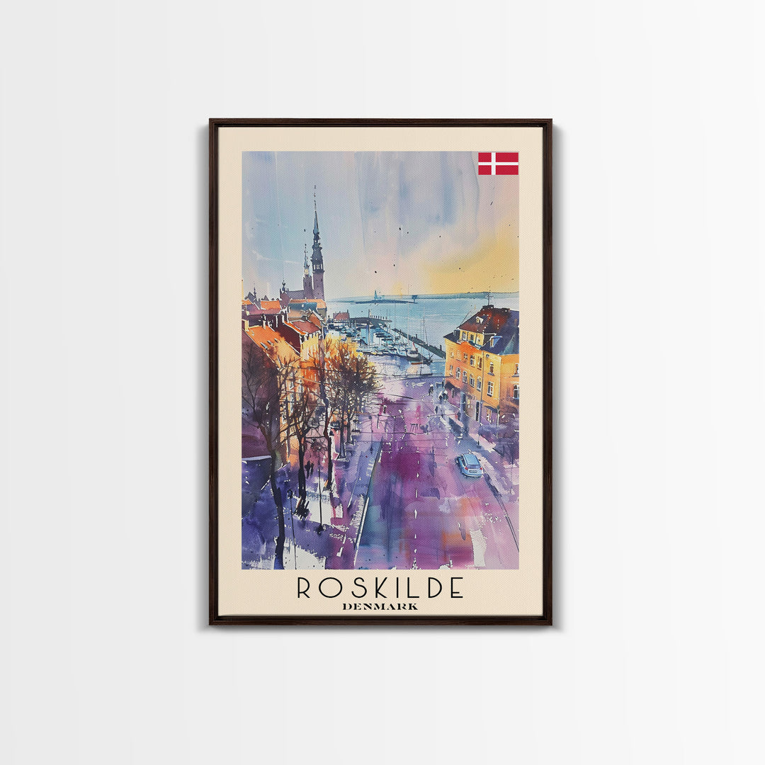 Roskilde Denmark Travel Poster Framed Canvas Print, Watercolor Painting, Scenic Wall Art, Home Decor, Danish Landscape, Modern Decor