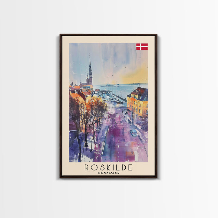 Roskilde Denmark Travel Poster Framed Canvas Print, Watercolor Painting, Scenic Wall Art, Home Decor, Danish Landscape, Modern Decor