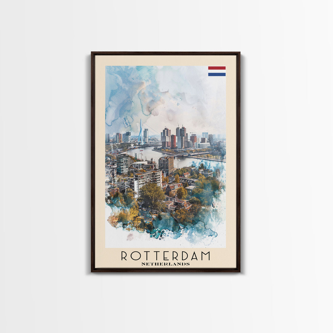 Rotterdam Netherlands Travel Poster Framed Canvas Print, Watercolor Painting, Urban Wall Art, Home Decor, Dutch Cityscape, Artistic Decor