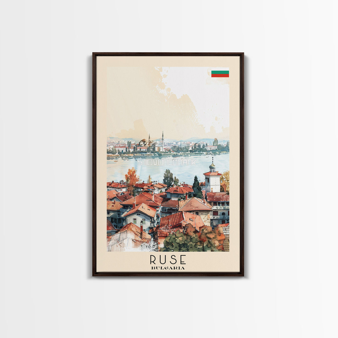 Ruse Bulgaria Travel Poster Framed Canvas Print, Watercolor Painting, Scenic Wall Art, Home Decor, Bulgarian Landscape, Classic Art