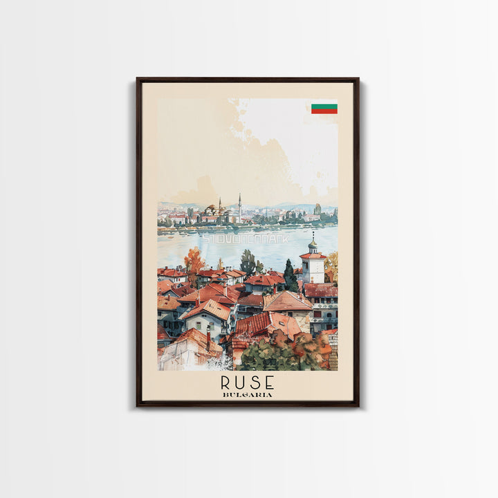 Ruse Bulgaria Travel Poster Framed Canvas Print, Watercolor Painting, Scenic Wall Art, Home Decor, Bulgarian Landscape, Classic Art