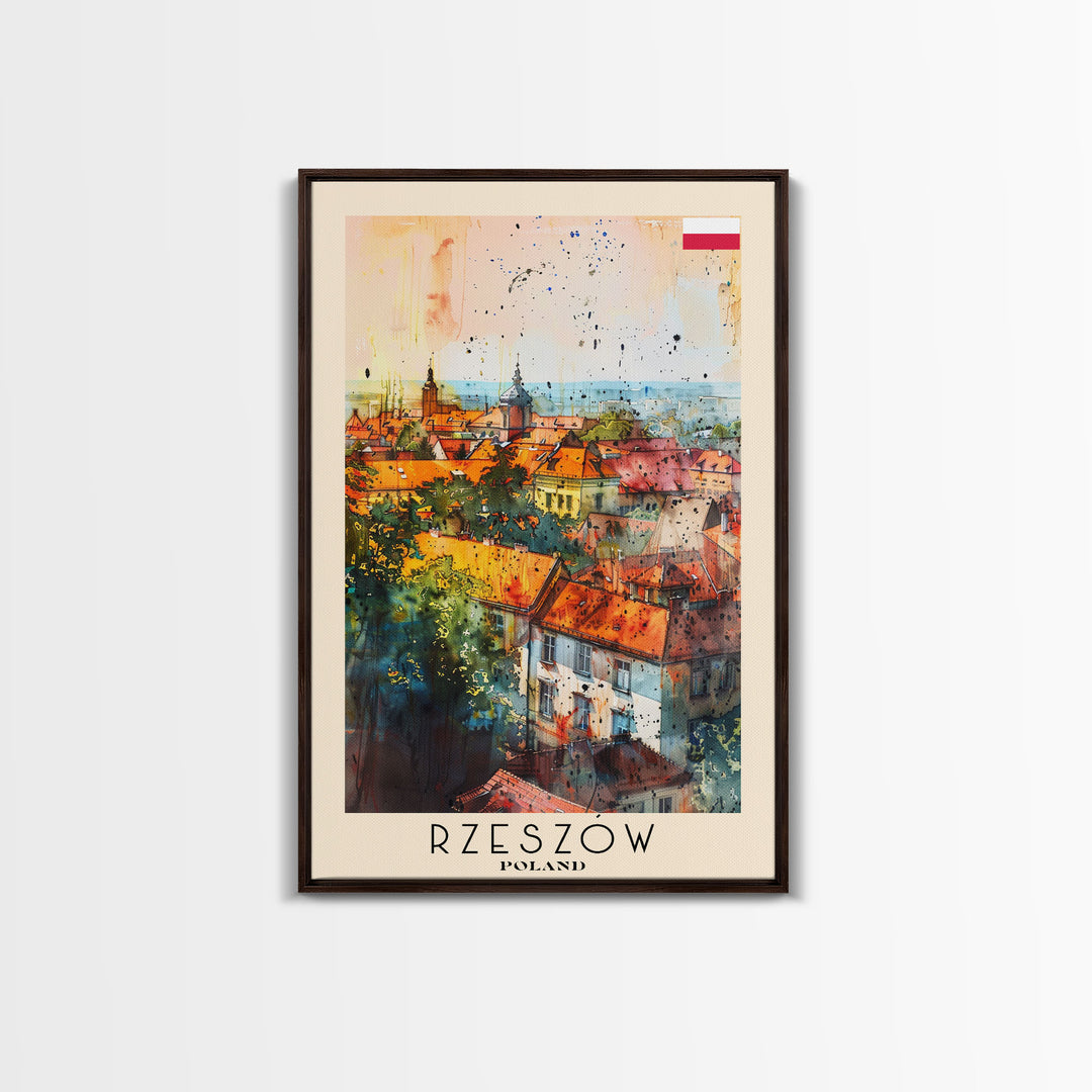 Rzeszow Poland Travel Poster Framed Canvas Print, Watercolor Painting, Urban Wall Art, Home Decor, Polish Cityscape, Classic Decor